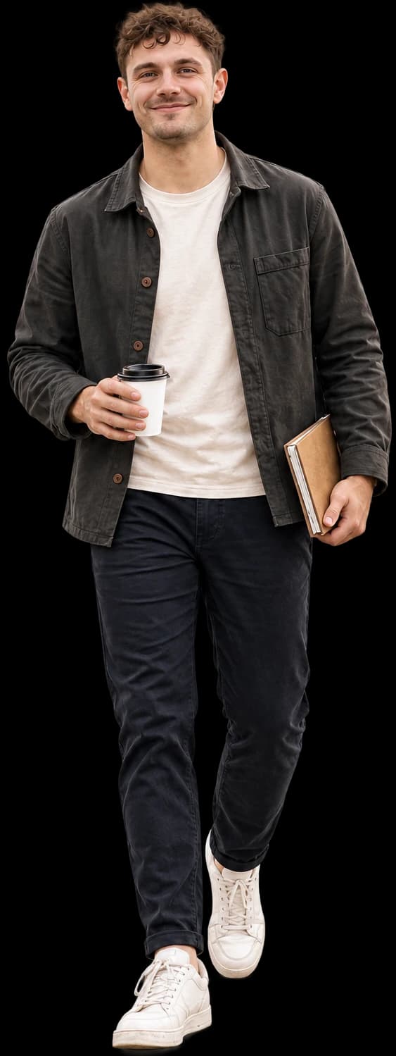 Henrik mit Kaffee und Notizbuch