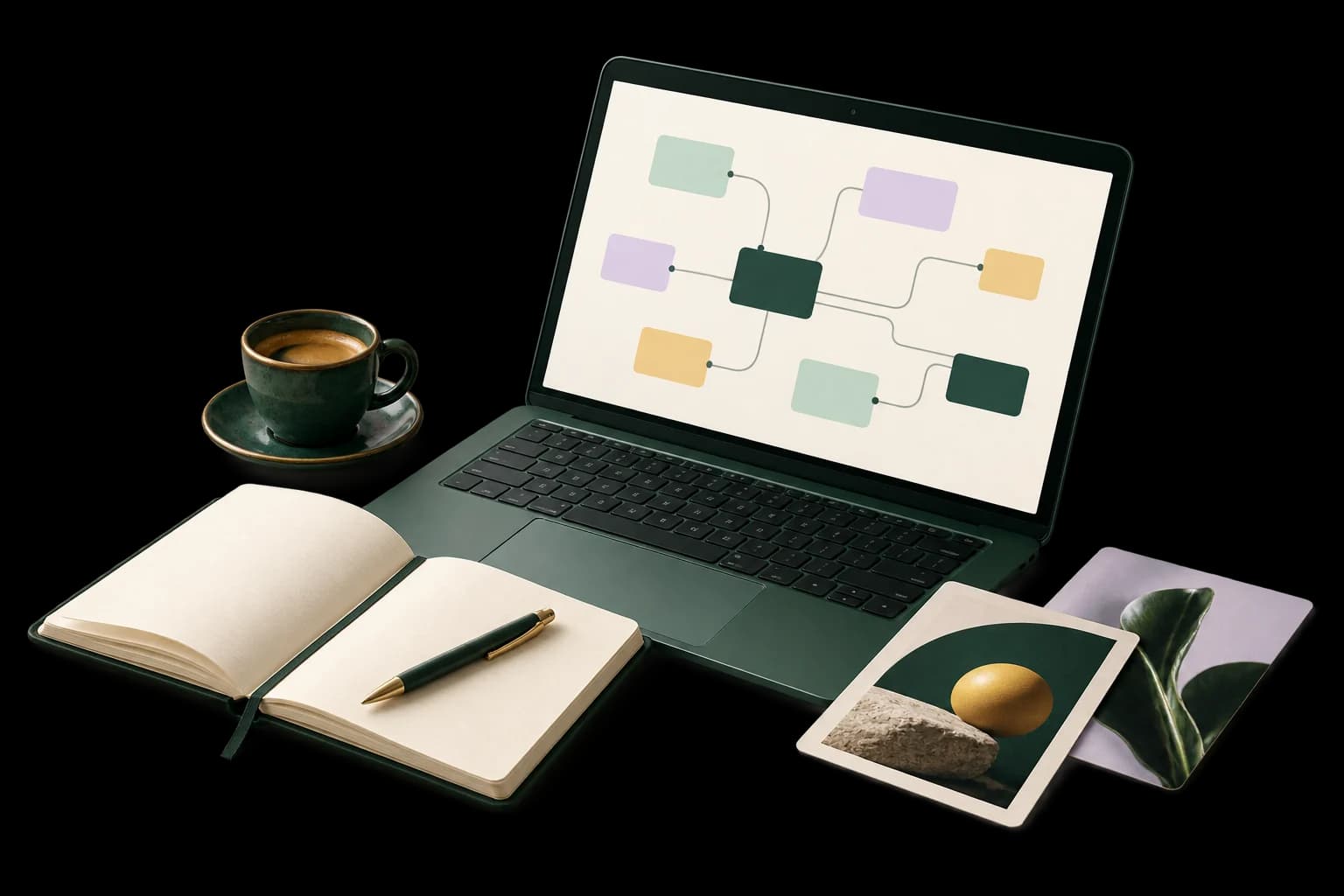 Illustration eines grünen Laptops mit verbundenen CRM-Daten, Kampagnenentwürfen, Notizbuch und Kaffee